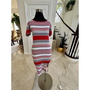 No Comment Dress Womens Red White &‎ Blue Striped Short Sleeve July 4th Sz. L